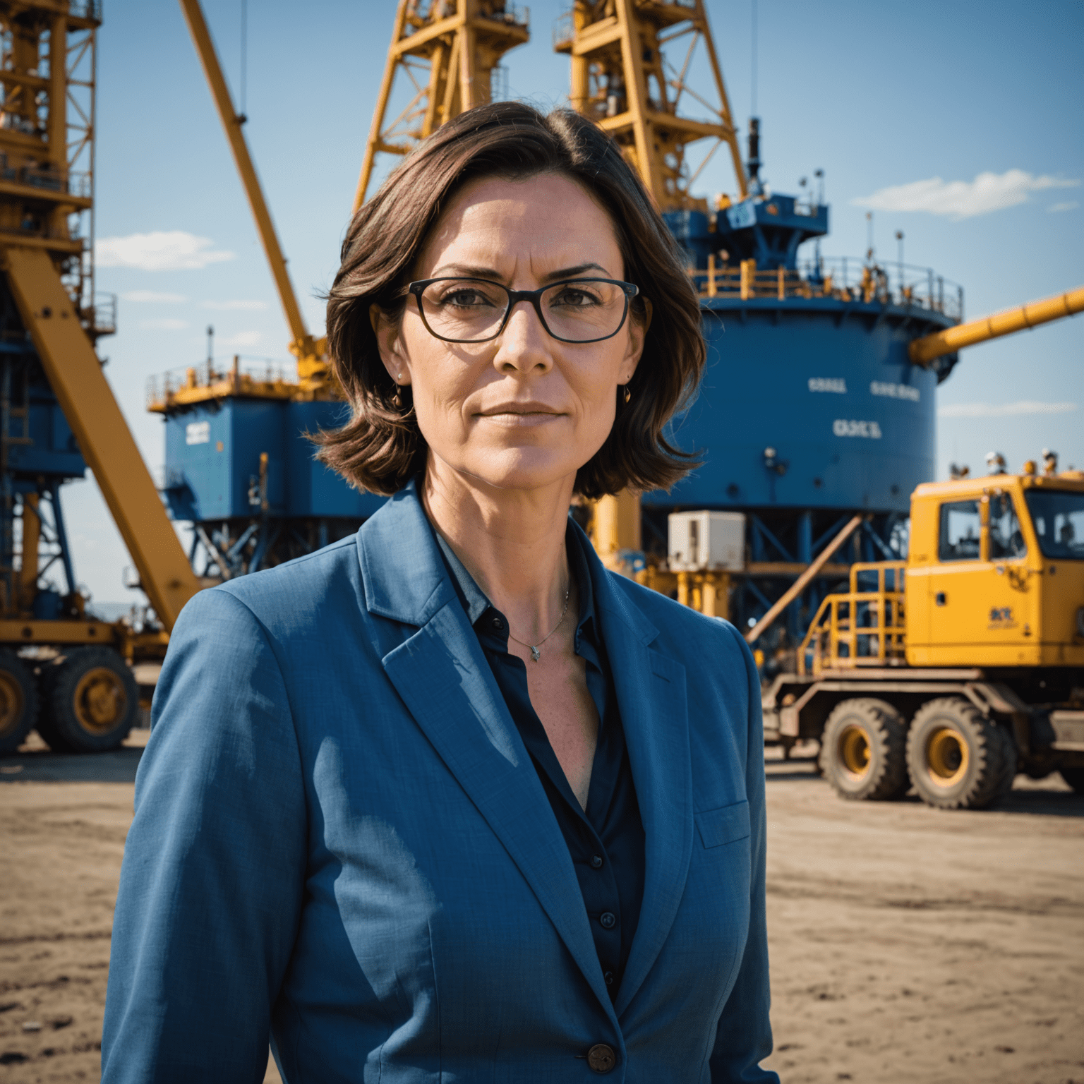 Portrait of Sarah Thompson, a woman in her 40s with short dark hair and glasses, wearing a professional blue blazer, standing in front of an oil rig