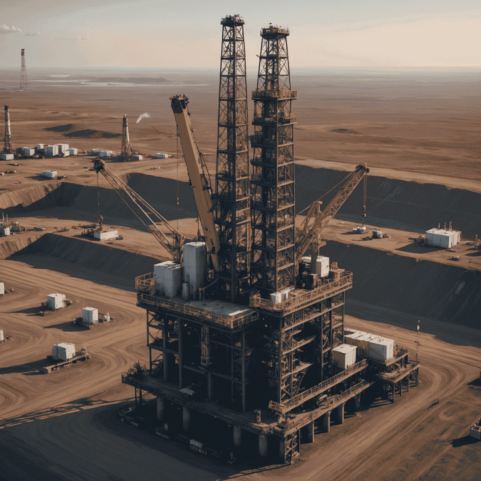 AI-powered oil rig with data visualization overlay, showcasing advanced algorithms at work in a Canadian oil field