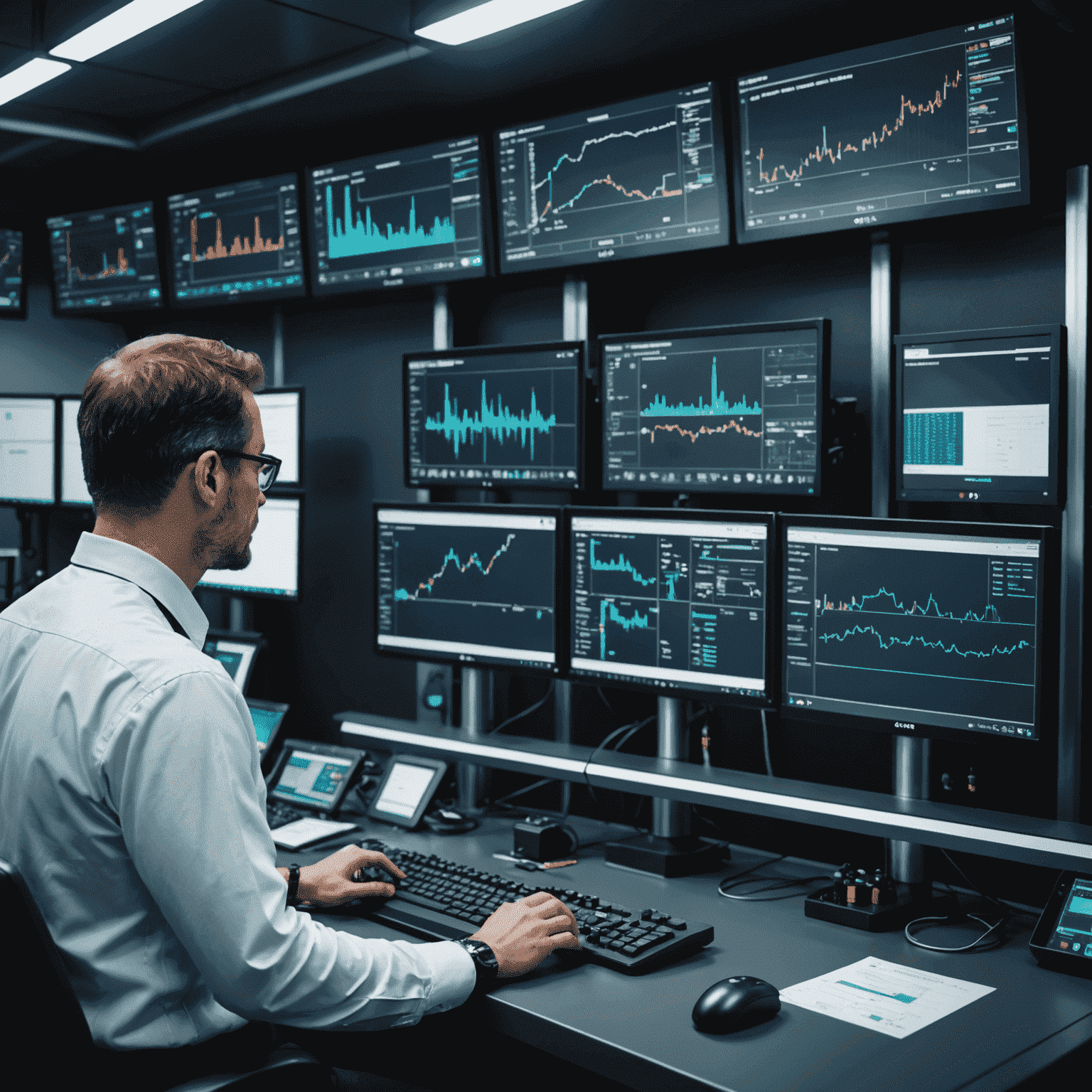 A sophisticated AI-driven predictive maintenance system monitoring multiple oil pipelines. The image shows a control room with large screens displaying real-time data, pipeline schematics, and predictive analytics graphs. Engineers are seen working with the system, analyzing potential risks and maintenance schedules.