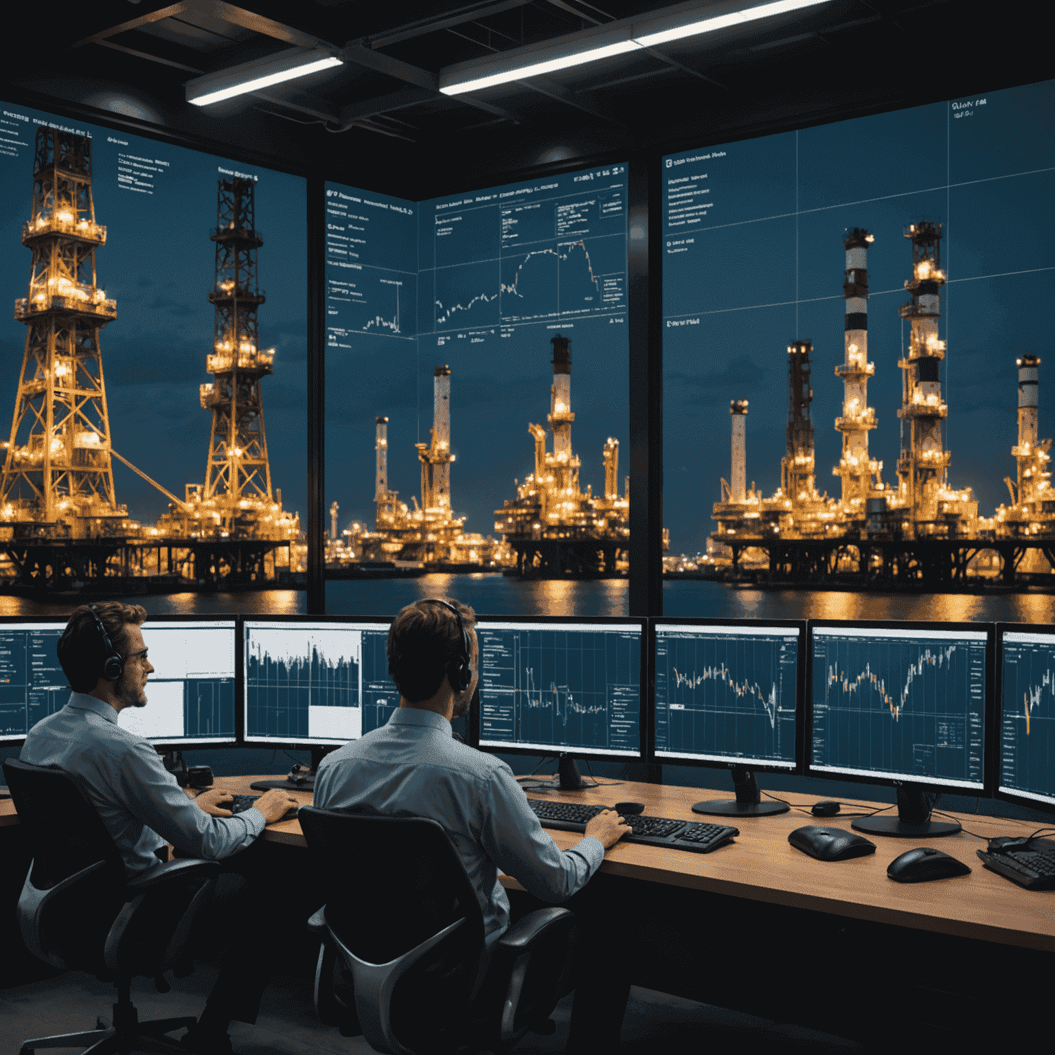 Visualization of AI algorithms analyzing oil market trends, showing complex data patterns and predictive models overlaid on images of oil rigs and trading floors