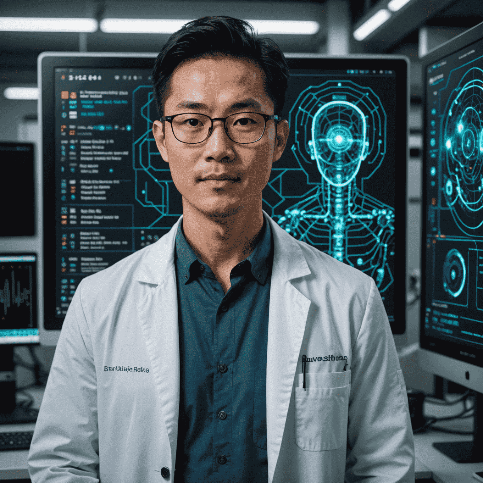 Portrait of Dr. Alex Chen, an Asian man in his 30s with glasses, wearing a lab coat, standing next to a computer displaying complex AI algorithms