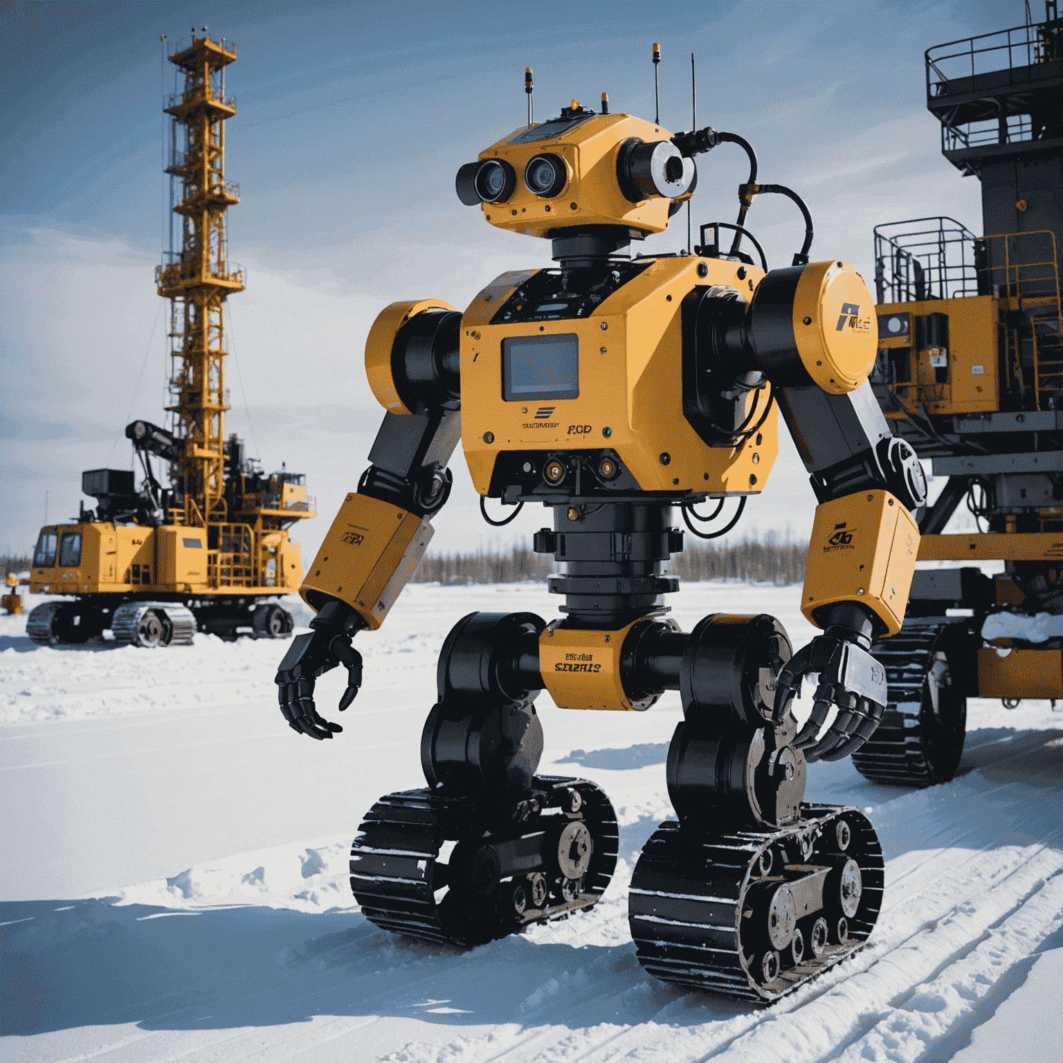 A specialized robot conducting a high-pressure pipeline inspection in a snowy Canadian oil field, with real-time data being transmitted to a nearby control center.